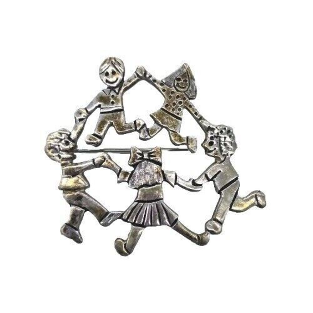 Vintage EFS Sterling Silver 925 Circle Of Kids Children Holding Hands Brooch Pin